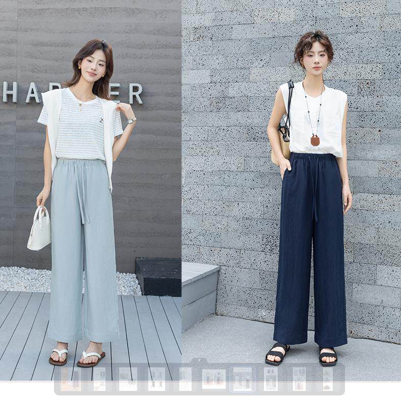 亚麻直筒裤时尚休闲百搭系绳,女装休闲裤,东正羊绒