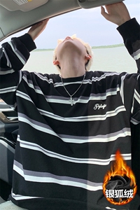 薄款改加绒特批P50无差价冬加绒加厚条纹卫衣长袖T恤男T1701J加绒图片