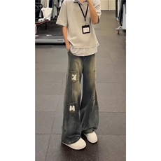 复古阔腿弯刀牛仔裤男女宽松百搭多口袋刺绣廓形长裤AM020P50，男装牛仔裤，星座1013-5