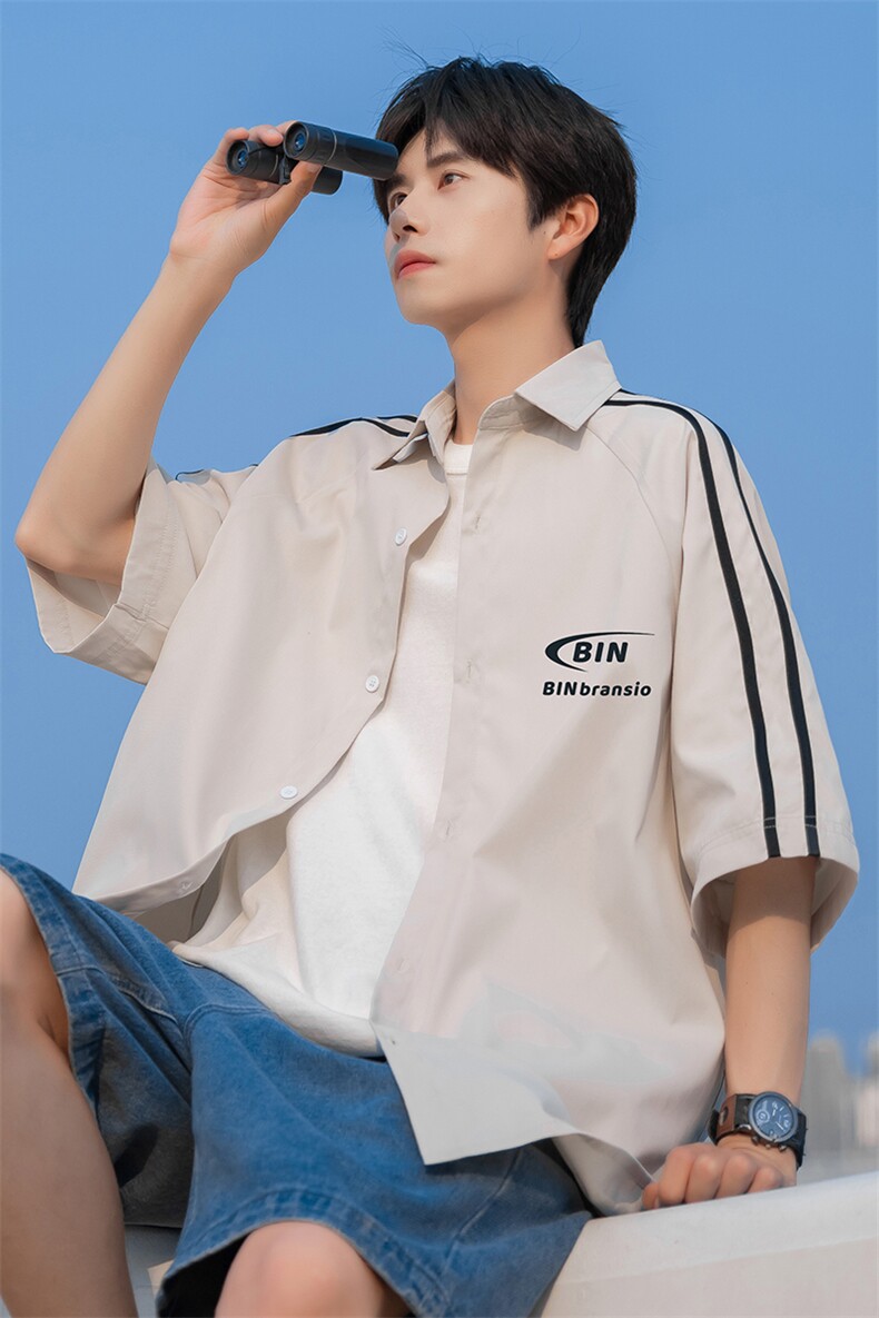 港风24夏款时尚印花织带拼接短袖衬衫TPS62601P35控58,男装衬衫,电商A268A
