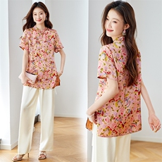 新中式人丝印花国风衬衫女薄2025夏季新款气质衬衫T恤休闲一整套，女装衬衫，新依时派