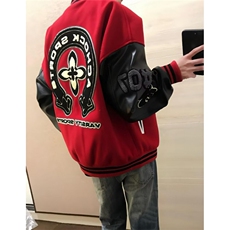 毛呢撞色pu皮拼接夹克外套男秋冬高街情侣红色百搭棒球JA278，男装夹克，星座1116A（原606A-3）