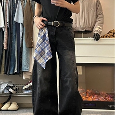 美式复古街头可拆方巾牛仔裤男女2025新款宽松显瘦阔腿弯刀裤潮，男装牛仔裤，星座506A