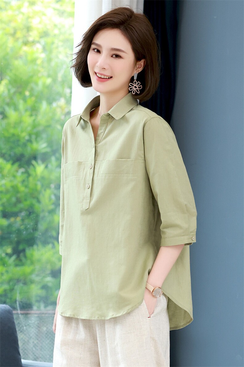 棉麻衬衫女短袖韩版显瘦大码前短后长遮肚子衬衣夏季亚麻上衣女,女装衬衫,希欧阁