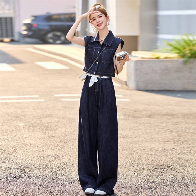 天丝牛仔套装女2025夏季新款薄款蕾丝拼接短袖上衣阔腿长裤两件套,女装套装/套裙,瑶迪依秀