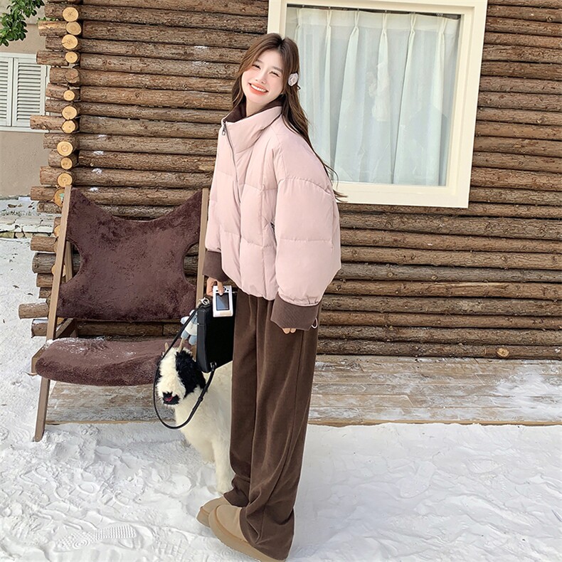 灯芯绒拼接粉色羽绒服女冬季2025新款短款小个子简约白鸭绒外套,女装羽绒服,2C129