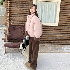 灯芯绒拼接粉色羽绒服女冬季2025新款短款小个子简约白鸭绒外套，女装羽绒服，2C129