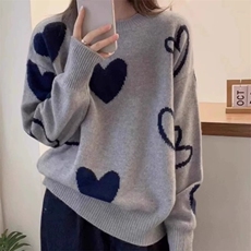 时尚百搭女士秋冬爱心提花羊毛衫羊毛宽松显瘦圆领毛衣，女装羊毛衫，朝辰羊绒