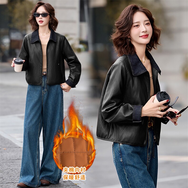 2025年皮衣外套女洗暖机车短款港风秋冬加棉皮衣夹克,女装皮衣,衣之秀