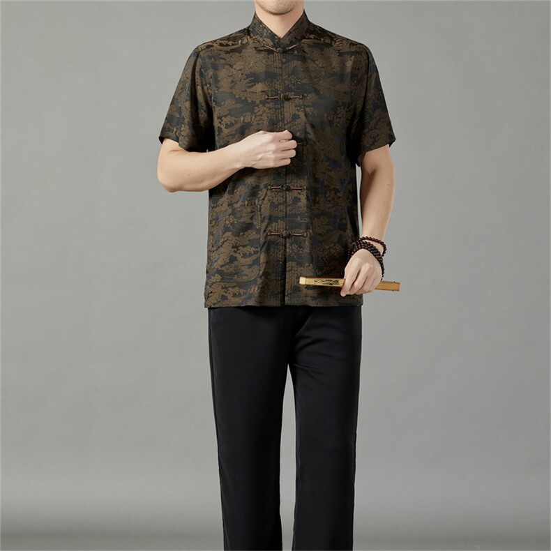 风唐装中式汉服速干短袖中老年人夏季薄款套装MJ9107套装-P88，男装民族服装，星座1105-3