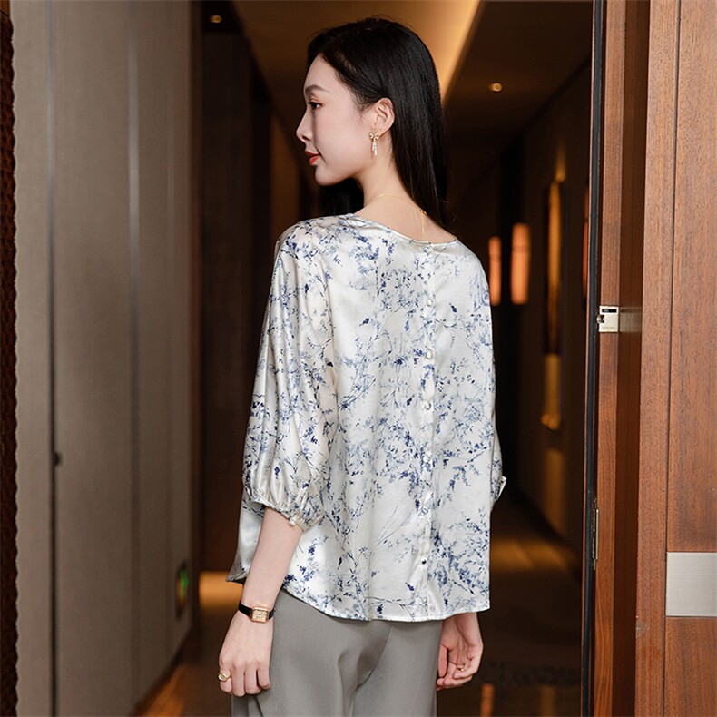 纯色真丝上衣女七分袖2026春夏宽松中袖中年妈妈装真丝T恤小衫,女装衬衫,阿舍尔精品
