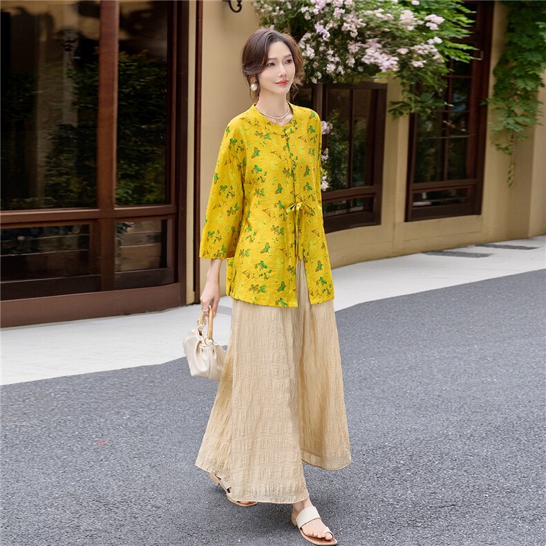新中式印花宽松喇叭袖小衫配裙裤时尚气质两件套女,女装套装/套裙,水衣源