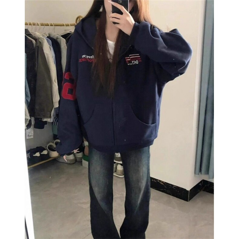 复古重磅刺绣字母连帽开衫卫衣男宽松百搭设计感上衣外套W2799,女装短外套,星座1116A（原606A-3）