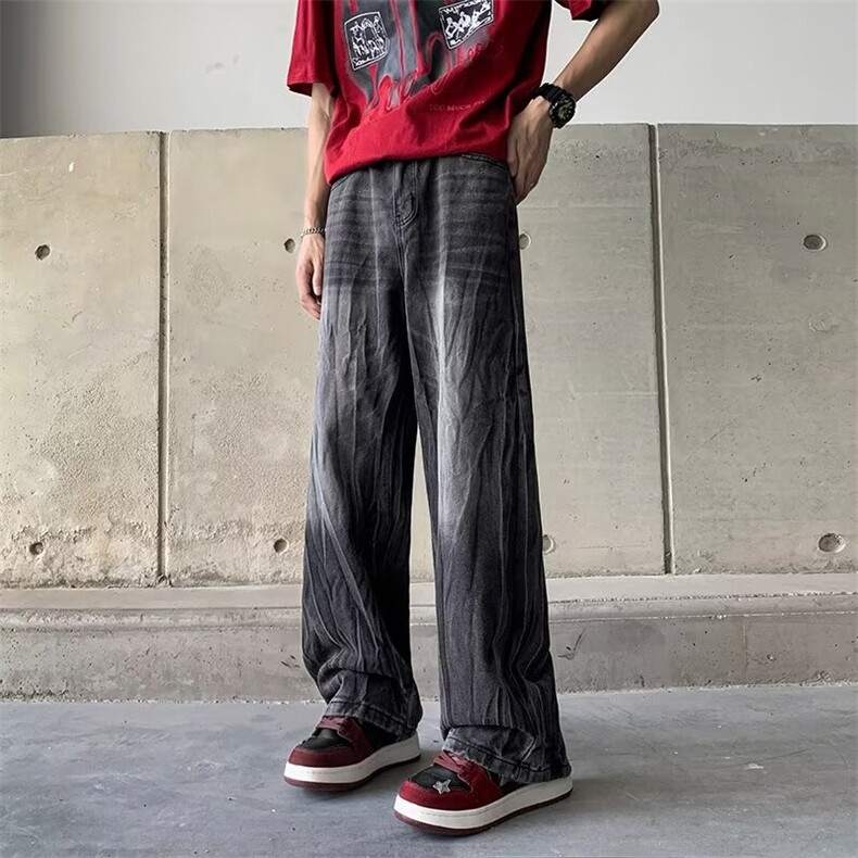 水洗做旧牛仔裤宽松潮牌美式复古直筒百搭休闲拖地裤,男装牛仔裤,星座410-7