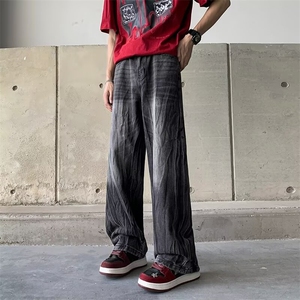 水洗做旧牛仔裤宽松潮牌美式复古直筒百搭休闲拖地裤图片