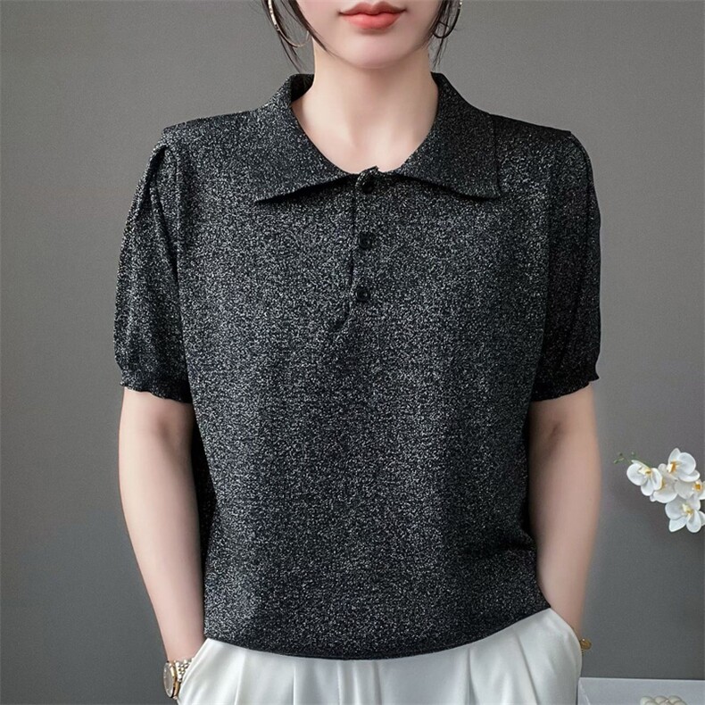 肌理感弹力白搭显瘦POLO领鎏金纱天丝针织短袖女气质纯色翻领上衣,女装T恤,暖姿羊绒