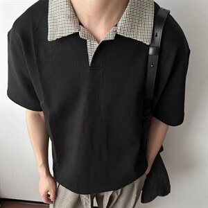 千鸟格拼接polo衫短袖男夏季老钱风复古正肩T恤cleanfit重磅半袖图片