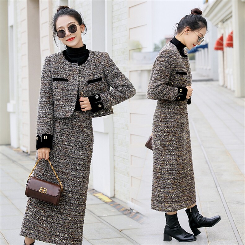 小香风羽绒服套装女秋冬2024新款粗花呢短外套半身长裙两件套，女装套装/套裙，曼娅璐
