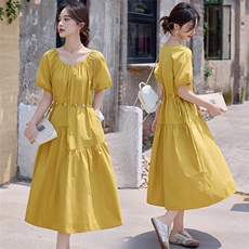 时尚拼接纯棉U领连衣裙女2025夏装新款今年流行爆款泡泡袖长裙子，女装套装/套裙，魅影