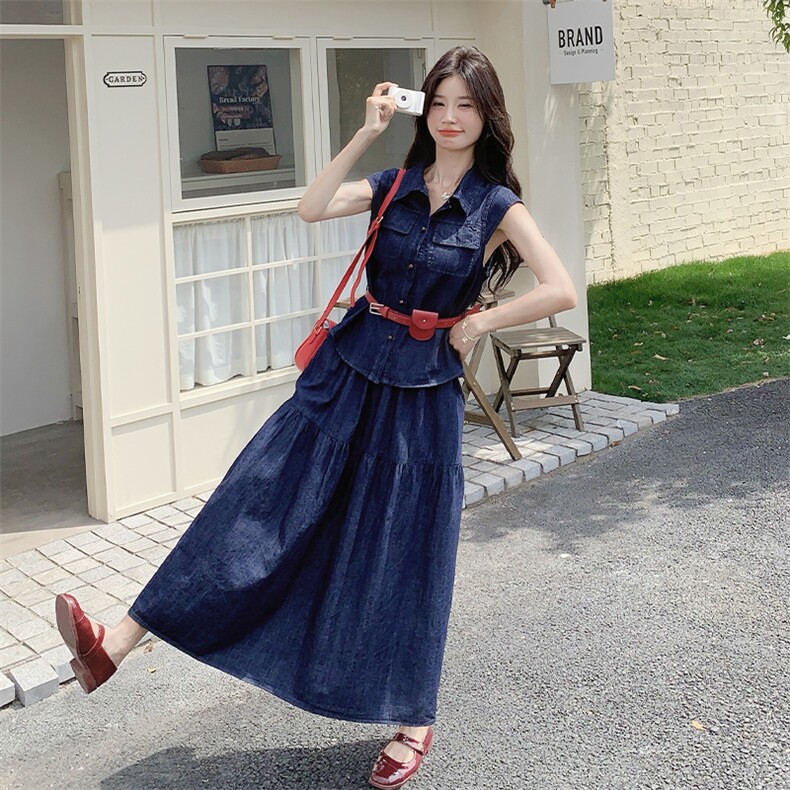 牛仔套装裙女2025夏季新款时尚减龄复古洋气无袖衬衫半身裙两件套,女装套装/套裙,2C269