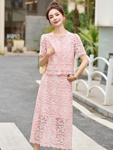 2026夏季新款法式高级感穿搭粉色蕾丝套装裙女时髦气质显瘦两件套图片