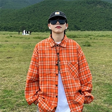 美式复古橙色格子衬衫女秋季撞色拼接格纹长袖衬衣高级感宽松上衣，男装衬衫，星座1210-1
