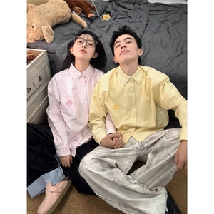 美式复古黄色条纹Polo领衬衫男女春秋宽松休闲开衫慵懒chic上衣,粉色半身纱裙搭配什么上衣春季图片