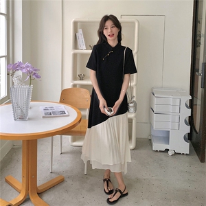 黑色国风新中式连衣裙女2025夏新款显瘦不规则复古气质裙子小个子图片