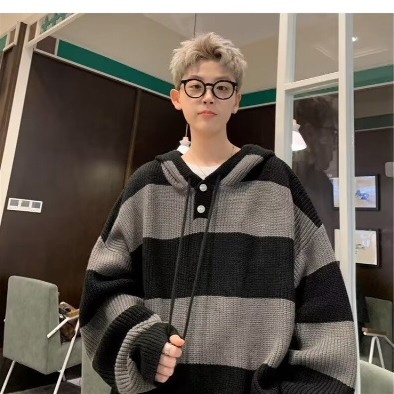 秋冬新款条纹连帽毛衣慵懒风高级感潮牌鹿毛绒针织衫外套my52p55,男装针织衫/毛衣,电商D315