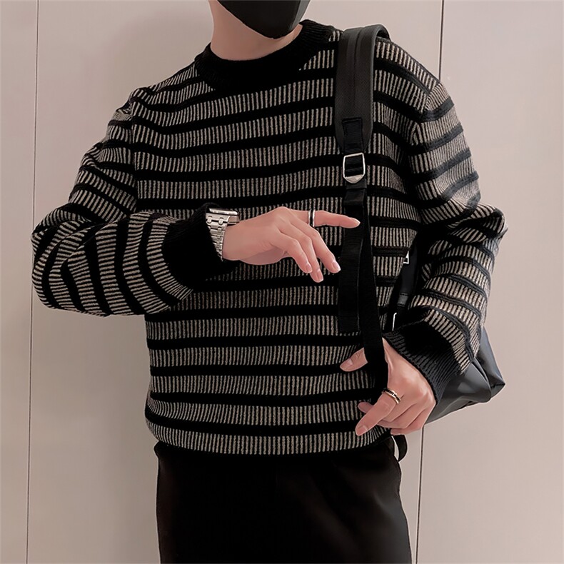 LV294/P85控115美式条纹男款针织衫毛衣冬季保暖百搭休闲打底衫黑,男装T恤,星座305B