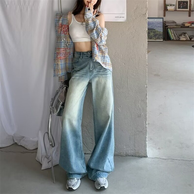 美式浅色破洞阔腿牛仔裤女2025年新款折痕水洗高腰垂感宽松拖地图片