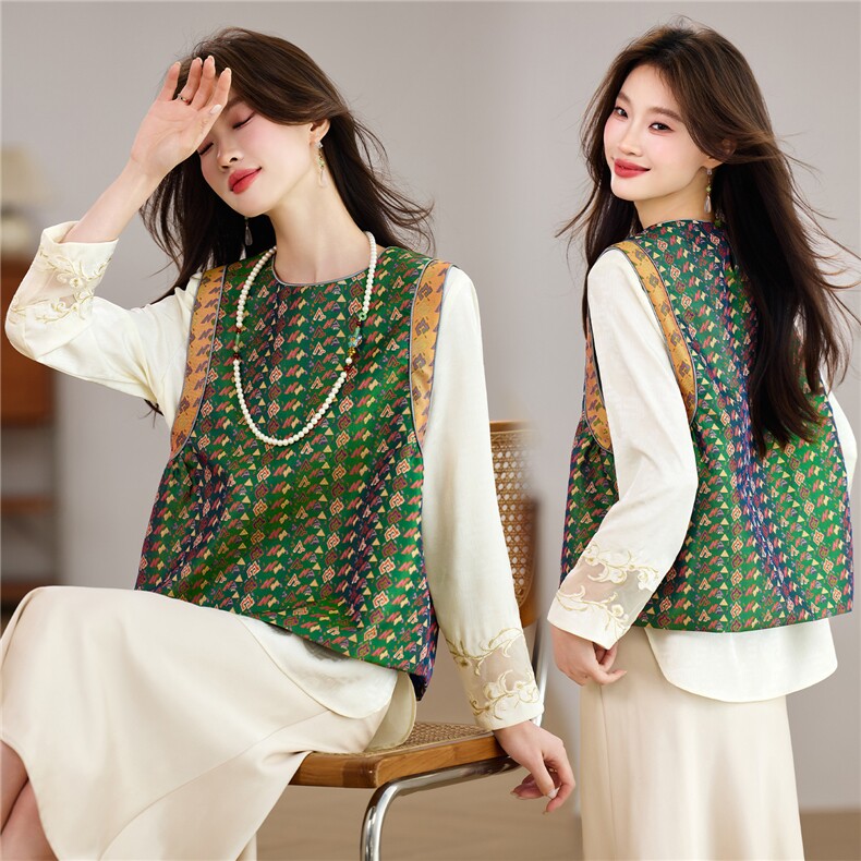 现货春季新款新中式减龄百搭圆领撞色马甲+刺绣衬衫打底两件套女，女装套装/套裙，央宝儿