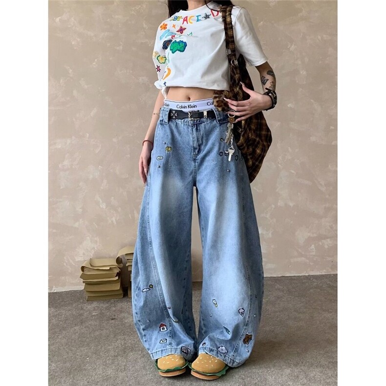 CP1219-P60 美式复古刺绣弯刀牛仔裤女宽松情侣水洗阔腿休闲长裤图片