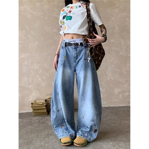 CP1219-P60 美式复古刺绣弯刀牛仔裤女宽松情侣水洗阔腿休闲长裤图片