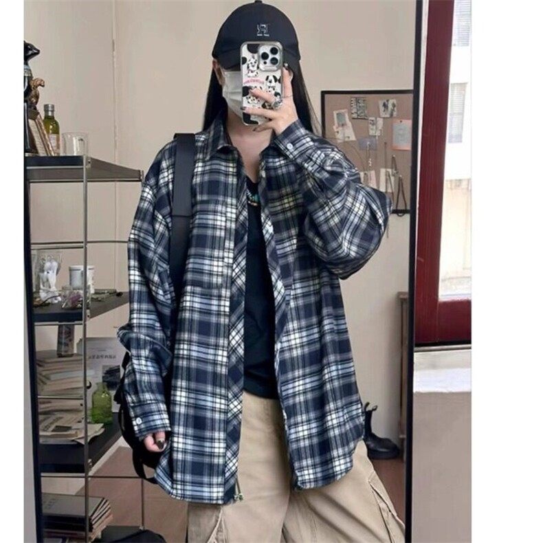 潮撞色格子衬衫男女款春秋季2025新款宽松休闲长袖百搭衬衣复古,男装衬衫,星座506A
