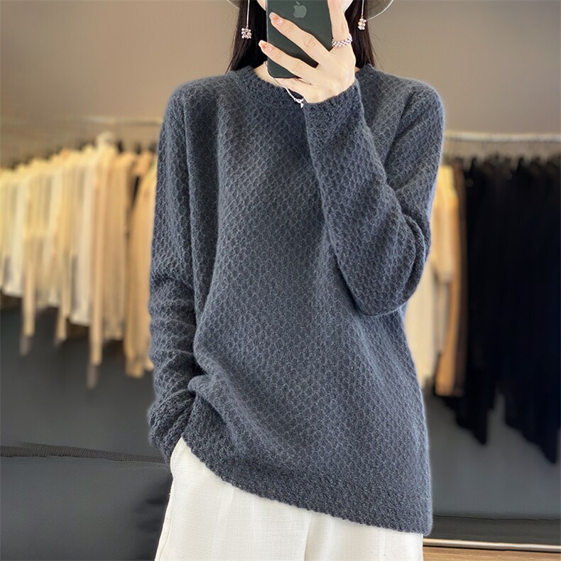 秋冬新款重工钩花圆领羊毛毛衫百搭显瘦保暖女款针织衫，女装羊毛衫，科源羊绒