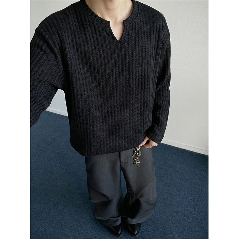 美式高街千鸟格子长袖T恤男女亨利V领英伦雅痞休闲宽松长袖打底衫，男装T恤，电商A443