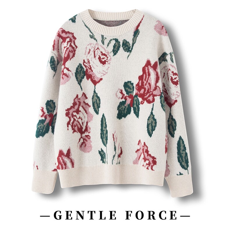 女士秋冬保暖羊绒衫羊绒全身花朵提花休闲舒适，女装羊绒衫，博友羊绒