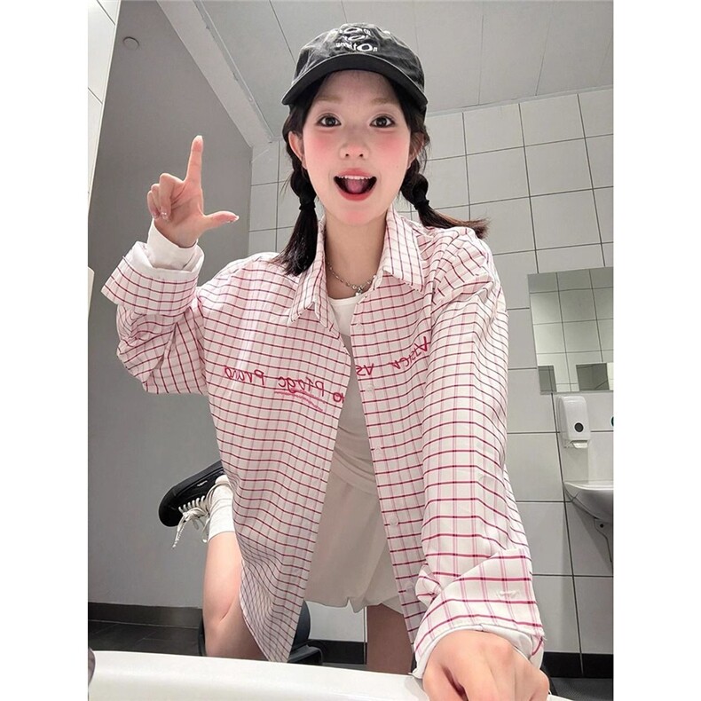 潮牌粉色格子POLO领防晒衬衫女春夏开衫设计感修身显瘦百搭衬衣,男装防晒衣,星座506A