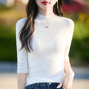 半高领精纺羊毛衫针织七分袖女坑条纯色短袖T恤修身显瘦打底上衣图片