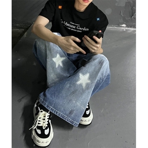 美式复古做旧油漆涂鸦牛仔裤子设计感五角星印花阔腿拖地裤-N609图片