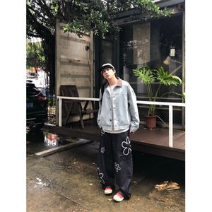 美式潮牌原创印花复古休闲直筒宽松高街百搭小个子长裤男图片