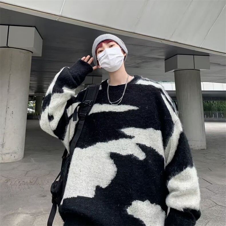 2022港风文艺刺绣印花毛衣男春秋宽松潮流针织衫复古百搭上衣图片