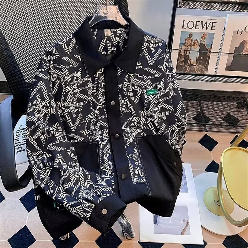 美式潮夹克男小香风格子拼接翻领上衣棒球服 W1040 P75图片