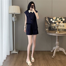 韩系设计感休闲时尚套装女夏遮肉显瘦针织翻领无袖上衣短裤两件套，女装套装/套裙，江南