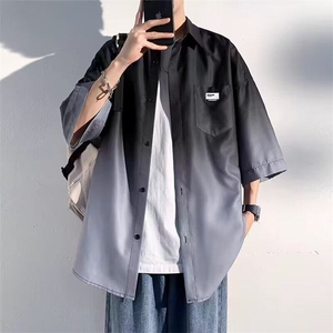 wassup happy渐变短袖衬衫男夏季薄款冰丝凉感衬衣服宽松休闲外套图片