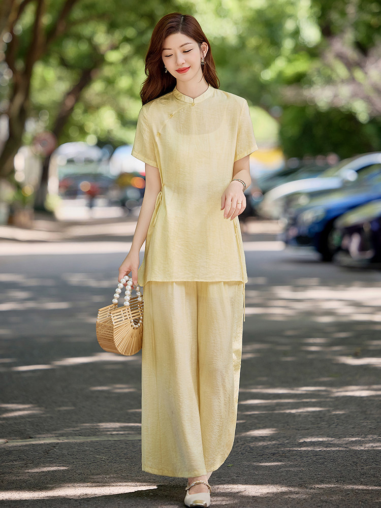 简约百搭新中式套装女2026夏季新款洋气减龄盘扣上衣阔腿裤两件套,女装套装/套裙,水衣源