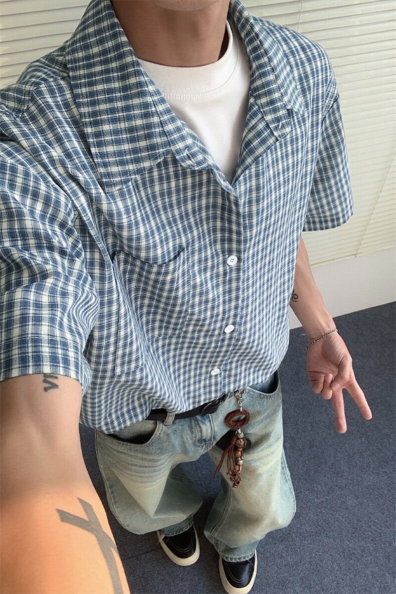 特批P25无差价夏季美式复古格子翻领宽松短袖衬衫外套男CD5493,男装衬衫,电商A001-1