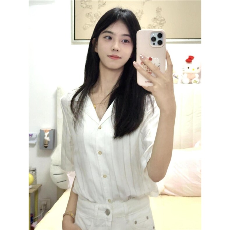 白色韩系简约复古设计感短袖衬衫女夏季新款宽松通勤时尚职业上衣,男装T恤,星座506A