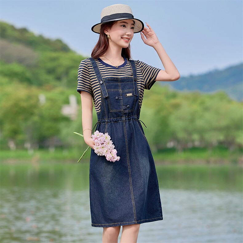 现货，夏季条纹假两件牛仔连衣裙,女装连衣裙,利佳可人